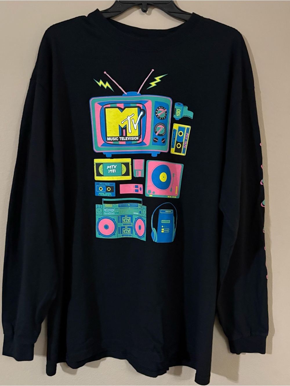 MTV 1981 Retro Neon Graphic Long Sleeve Tee - Black Pop Culture Vibe